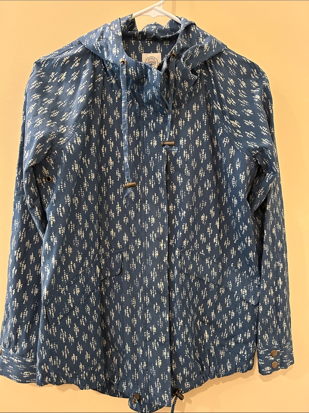 Lucky Brand Blue Printed Hooded Jacket with White Pattern (rain resistant)